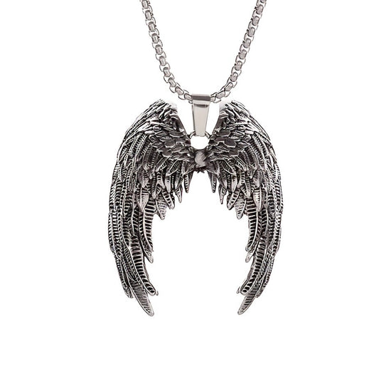 Sculpted Serenity: 3D Angel Wing Steel Necklace