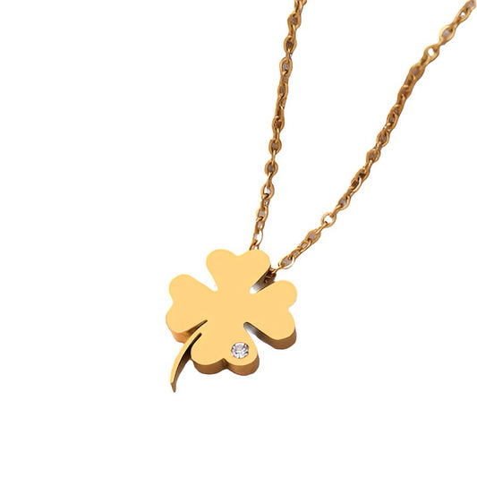 The lucky Stainless Steel Gold Necklace adorned with a Clover Crystal Zircon