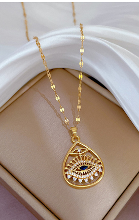 Mesmerizing Evil Eye 18K Yellow Gold Pendant & Chain - Tear Drop Style with AAA CZ Stones