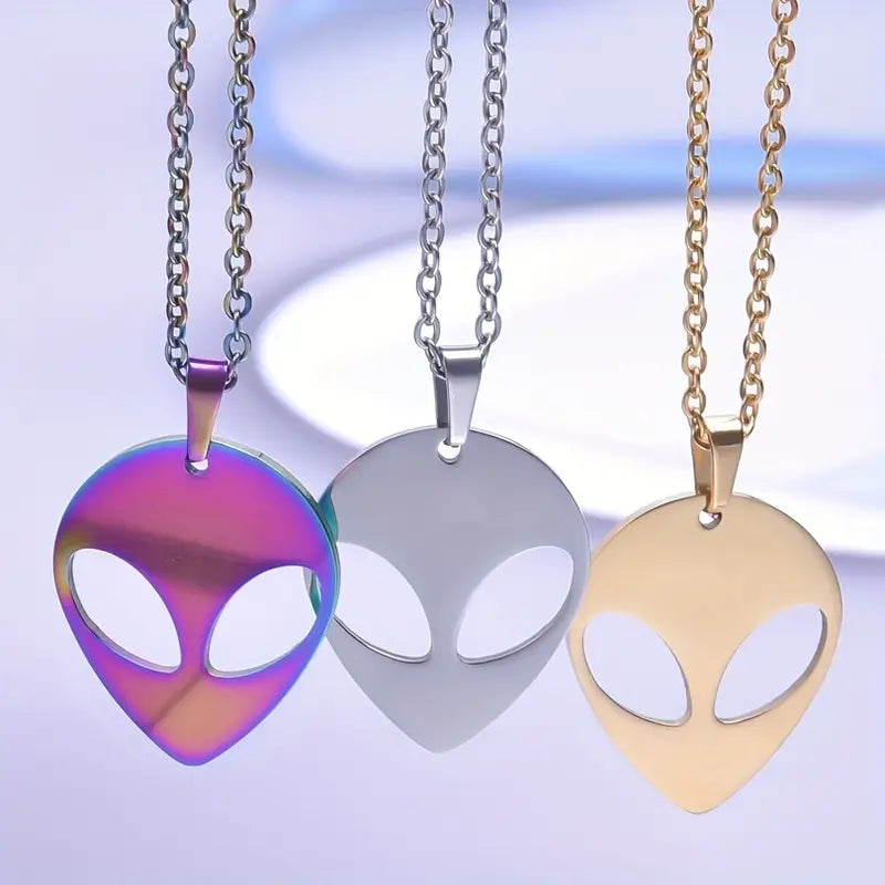 Unearth Extraterrestrial Elegance: Our Stylish Stainless Steel Alien Pendant Necklace - Available in both Silver and Gold Tones Options