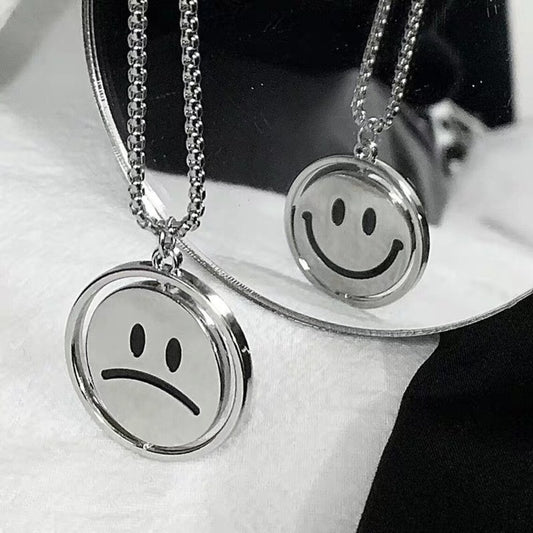 Express Your Emotions with Our Two-Faced Smile & Sad Face Emoji Pendant with Chain - unisex